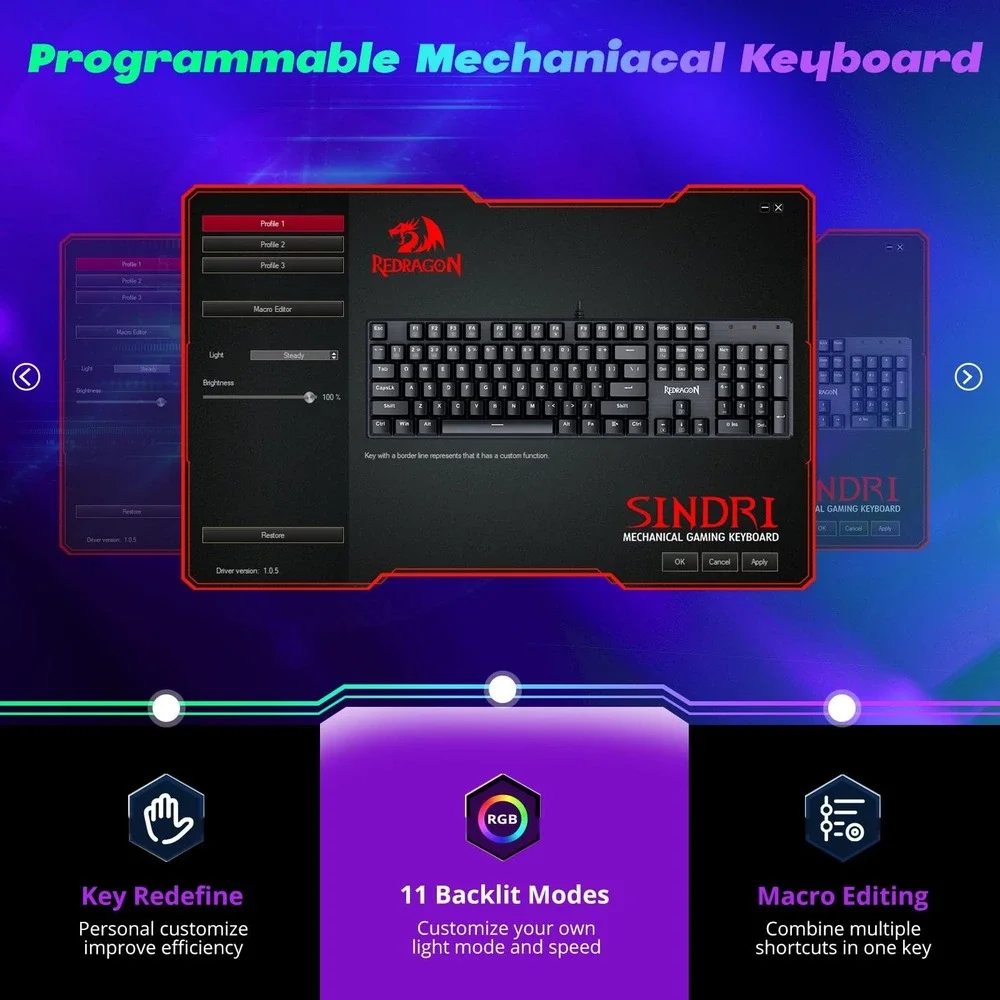 Redragon SINDRI PRO Mechanical Gaming Keyboard Hot-Swappable Red Switch RGB